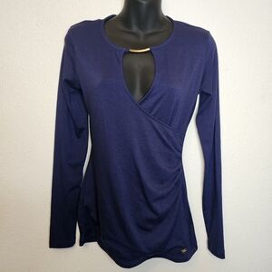 [Guess] Deep Denim Blue Gold Keyhole Long Sleeve Fitted Top W Small